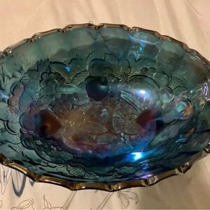 Indiana Iridescent Carnival Glass Blue Harvest Grape Footed Fruit Bowl Vintage